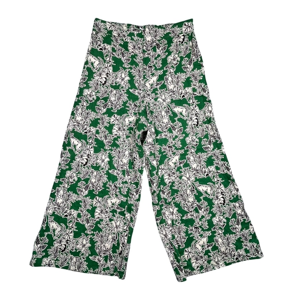 Cropped Wide Leg Linen Pants Women's M Tropical Floral Print Preppy Beach Office